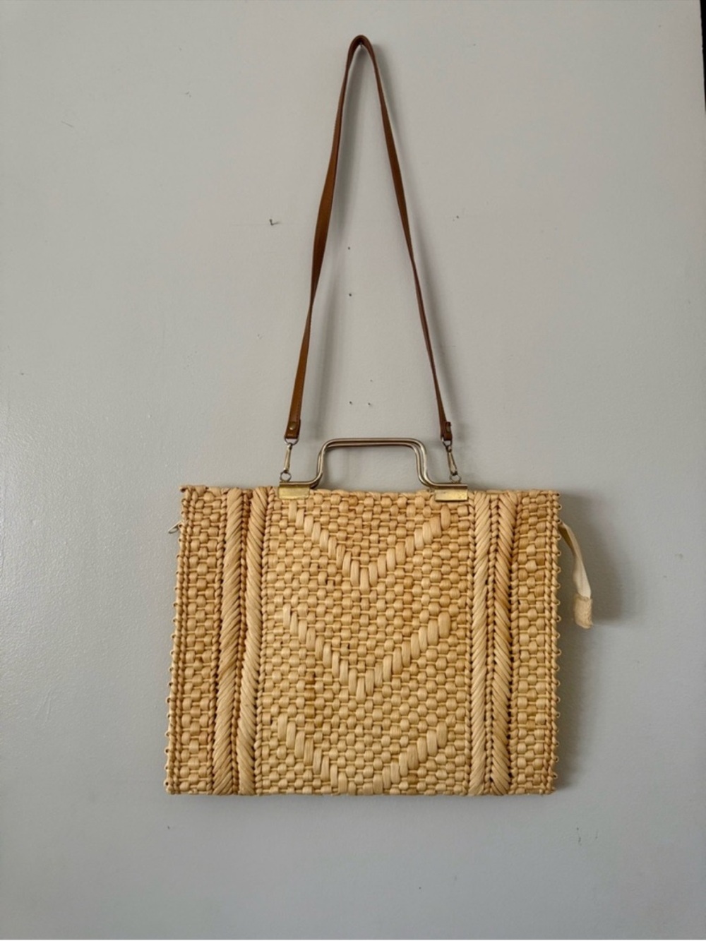 Woven Straw Shoulder Bag in Beige with Brown Strap